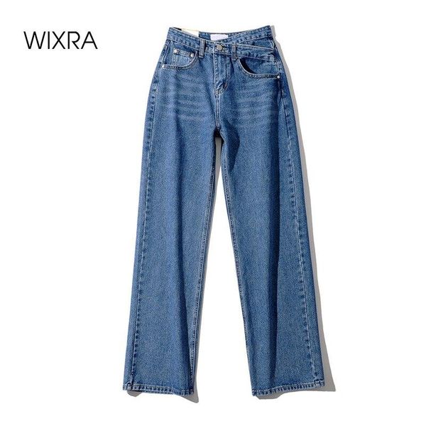 

wixra women 2021 trousers streetwear zippers button crossed waist wide leg pants ladies loose straight pockets casual jeans women's, Blue