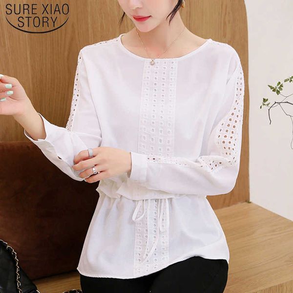 

fashion women chiffon white blouses autumn causal hollow out ladies shirts long sleeve o-neck women 6336 50 210527