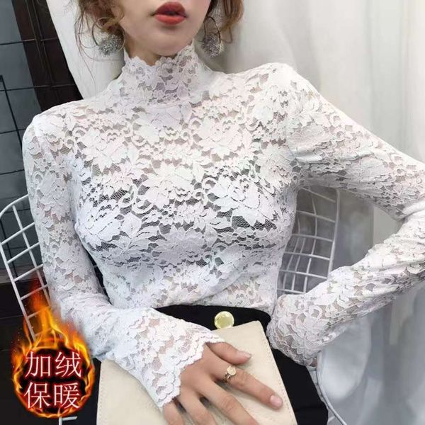

women's blouses & shirts 6tquality plush and thick lace slim long sleeve half high collar hollow bottoming l3g9, White