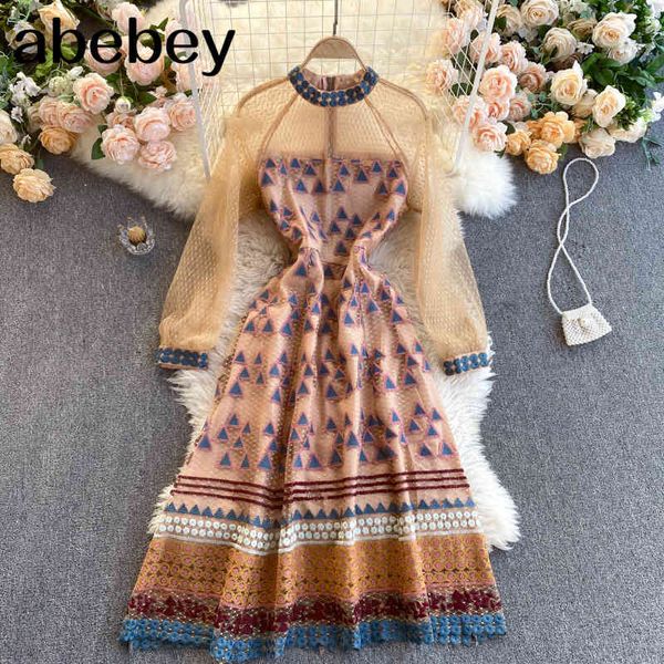 

design embroidery mesh dress women korean fashion retro long sleeve spring a-line streetwear 210512, Black;gray