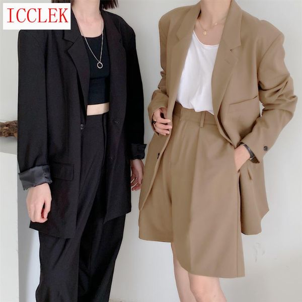 

woman spring blazer 2 suit two pieces complete sleeve set in straight line single breasted jacket with high waist pants women's piece, White