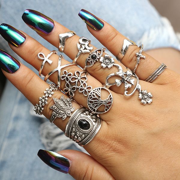 

jewelry digital 3d flower carving pattern black vine petal ring set of 14 pieces, Golden;silver