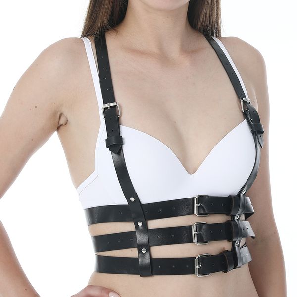 

leather harness belt goth bra bondage adjustable chest straps black slim lingerie suspenders erotic crop body cage, Black;white