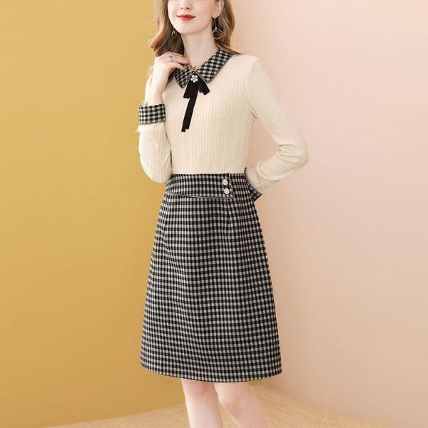 

only plus women patchwork slim elegant party dress plaid a-line bow knitted dresses casual apricot high waist vestidos, Black;gray