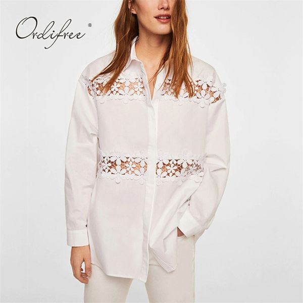 

summer women shirt blouse long sleeve hollow out crochet white beach 210513