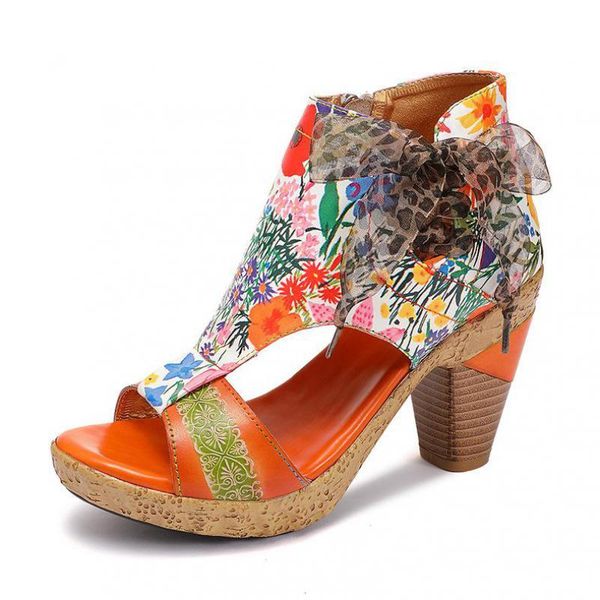 

sandals yourseason retro flower shoes ladies genuine leather mixed colors zip handmade sewing platform high heels 2021, Black