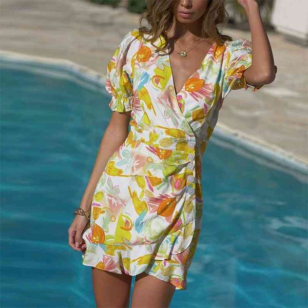 

casual dresses summer women party a line mini floral print short sleeve button wrap es fashion ladies vetidos robe 984r, Black;gray