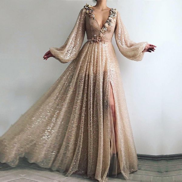 Bling Champagne Gold Prom Dresses Side Split 2021 Fiori con scollo a V Perline Glitter Paillettes A-Line Dubai Arabo Abiti da sera a maniche lunghe Celebrity Party Dress