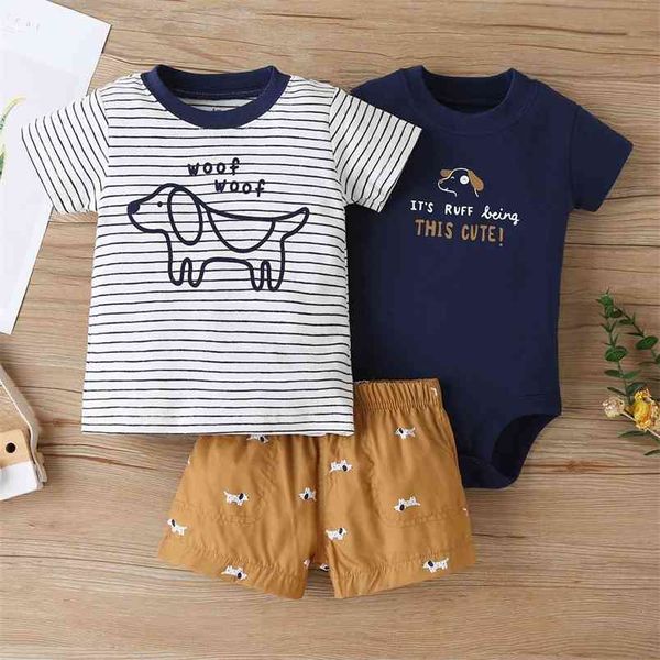 

baby boy summer clothes short sleeve cartoon t-shirt+romper+shorts born girl outfit 3pcs/set 6-24m infant costume 210816, White