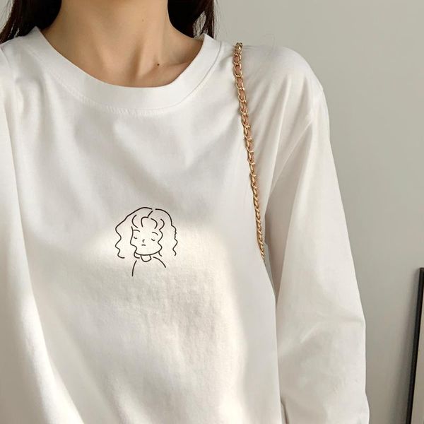 

spring 2021 round collar print woman cotton t-shirts women long sleeve loose casual oversized girl 100% women's t-shirt, White