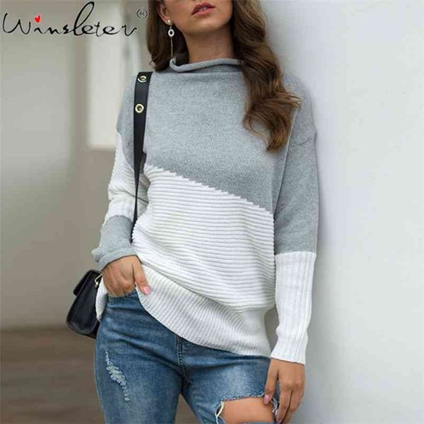 

contrast-color knitwear winter sweater long sleeve turtleneck cotton knit pullovers color-block warm women sweaters t06107b 210421, White;black