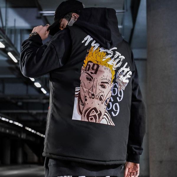

men's vests men winter fashion sleeveless down coats casual streetwear hip hop funny print harajuku fleece outwear vest jackets, Black;white