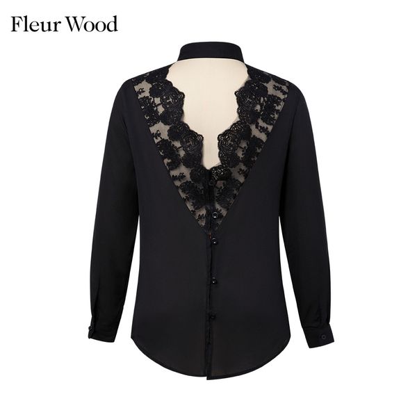 

fleur wood lace backless blouse splice lapel s and blouses autumn female office shirt women, White