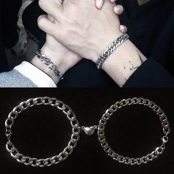 

charm bracelets 2 pcs punk friend bracelet for women aesthetic armband silver color couple wrist cuban link chain, Golden;silver