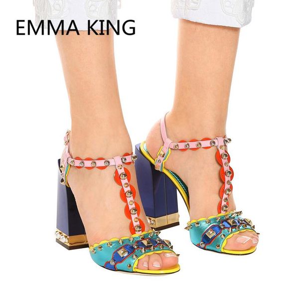 

design rivet studs strap women gladiator sandals open toe fashion pearls chunky high heels runway shoes woman roman, Black