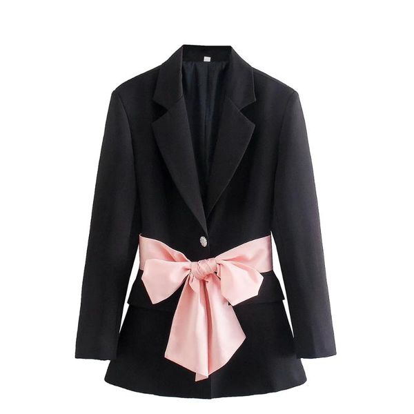

women's suits & blazers xeasy 2021 women elegant black streetwear suit female vintage loose office lady spliced bow single breasted bla, White;black