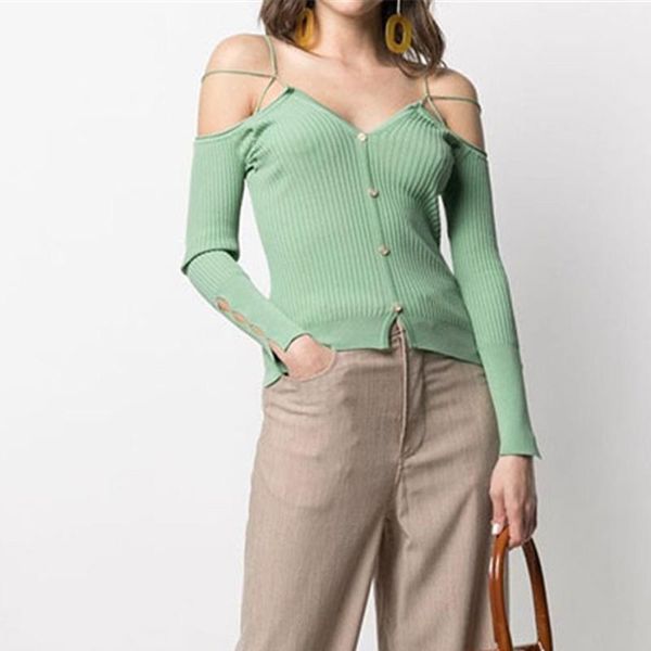 

women's knits & tees 2021 summer solid color v-neck hollow shoulderless cardigan long-sleeved sweater, White