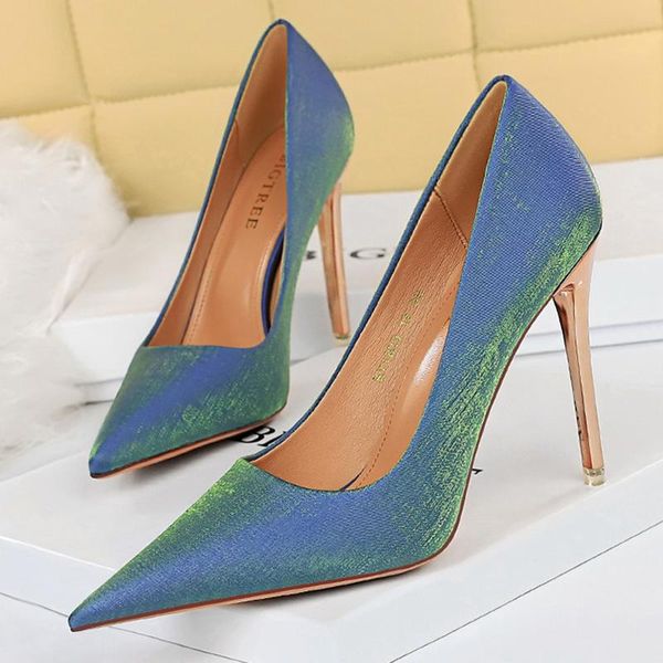 

dress shoes 2021 big size women 8.5cm high heels blue pumps satin silk stiletto escarpins lady fashion wedding bridal stripper luxury, Black