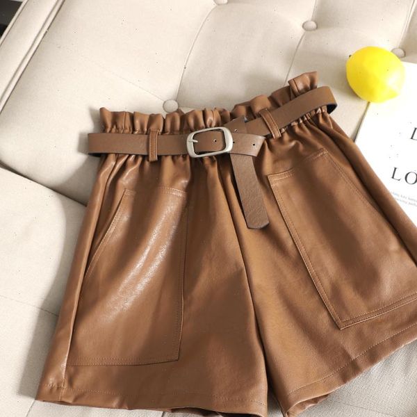 

women shorts autumn leather high waist soft short trousers faux loose wide leg sashes boots with pockets, White;black