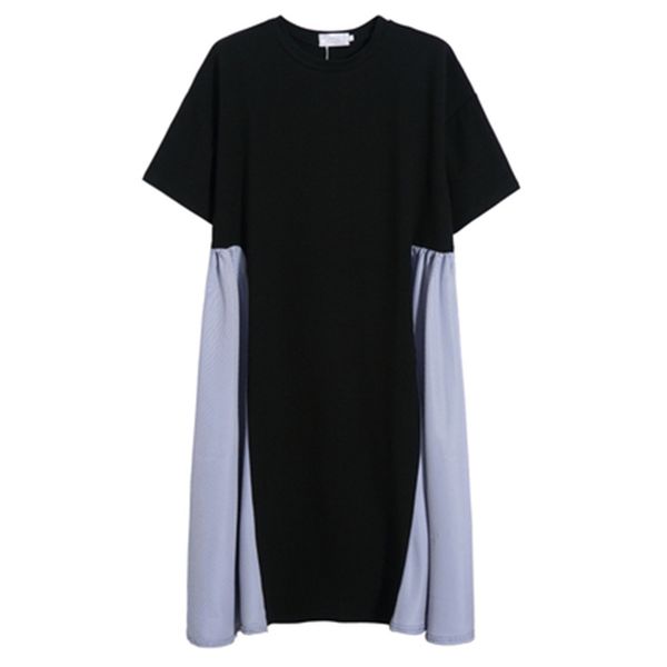 

black white striped patchwork short sleeve loose casual summer midi dress women female d1257 210514, Black;gray