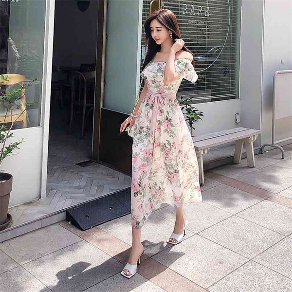 

off shoulder dress for women summer elegant flower print sleeveless slash neck ladies lace korea dresses 210602, Black;gray