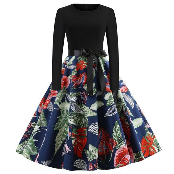 

casual dresses vintage dress women long sleeve patchwork winter elegant swing party robe femme christmas rockabilly vestidos, Black;gray
