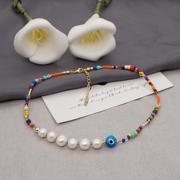 

chokers freshwater pearl temperament necklace spring and summer trend glass round eye bead hanging neck ornaments, Golden;silver
