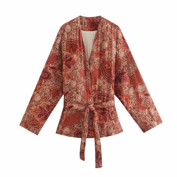 

women's jackets women vintage paisley printing sashes coat female long sleeve outerwear casual lady loose c1150, Black;brown