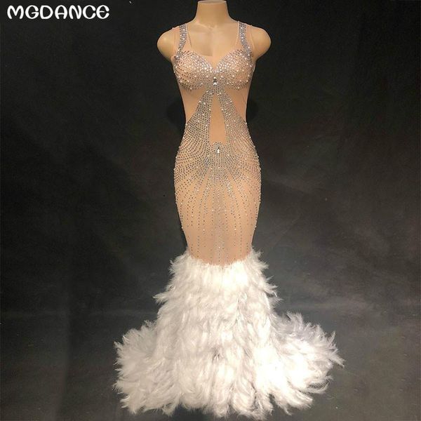 

casual dresses woman pearls rhinestones full white feather mesh dress birthday party celebrate outfit singer costume stage show, Black;gray