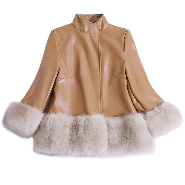 

women's fur & faux 2021 autumn winter women coat luxury short stand collar splicing jacket female leather coats s-4xl, Black