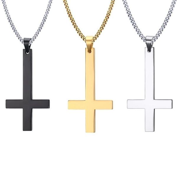 

chains stainless steel upside down cross necklace women and men punk inverted pendant with chain black/gold/silver