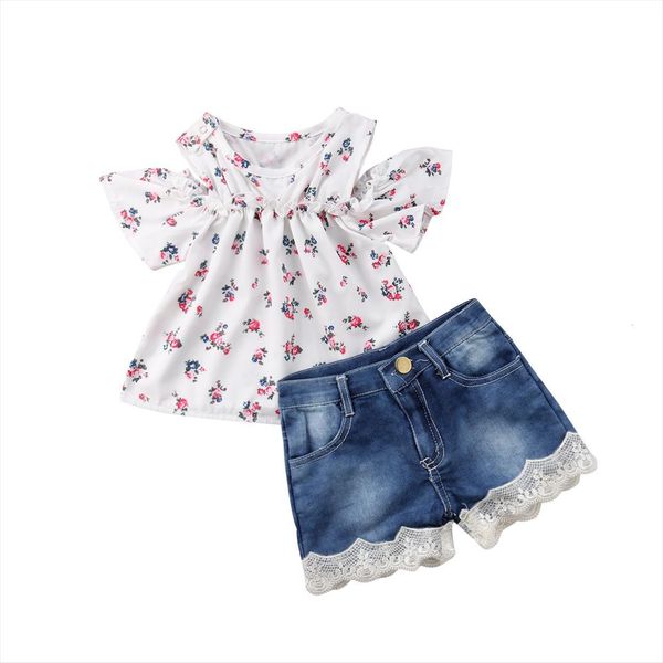 

cute newborn kid baby girls off shoulder white flower denim lace patchwork pants outfits summer 2pcs set