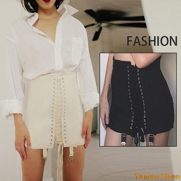 

belts womens bandage hole skirt high waist short hip corset mini bodycon gothic fashion jazz cool wear, Black;brown