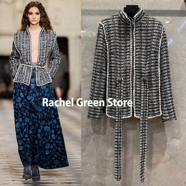 

women's wool & blends french designer high end 1:1 tweed jacket coat zipper up belt sequined knitted cardigan coats for women + silk, Black