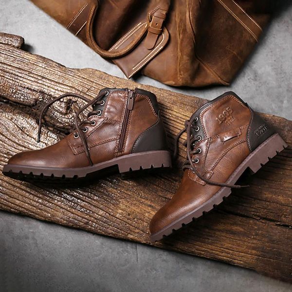 

boots men leather shoes retro handmade high-lace up, Black