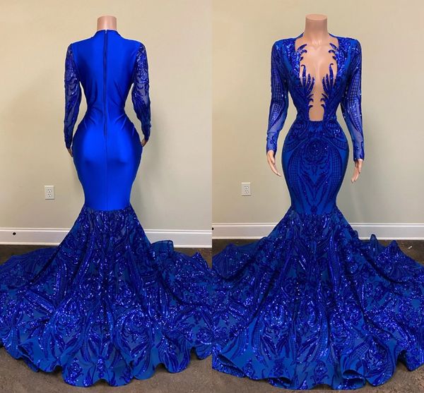 Royal Blue Prom Kleider Deep V Neck Langarm glänzende Pailletten Applikationen mermaid afrikanische schwarze Mädchen Abend Gala -Kleider