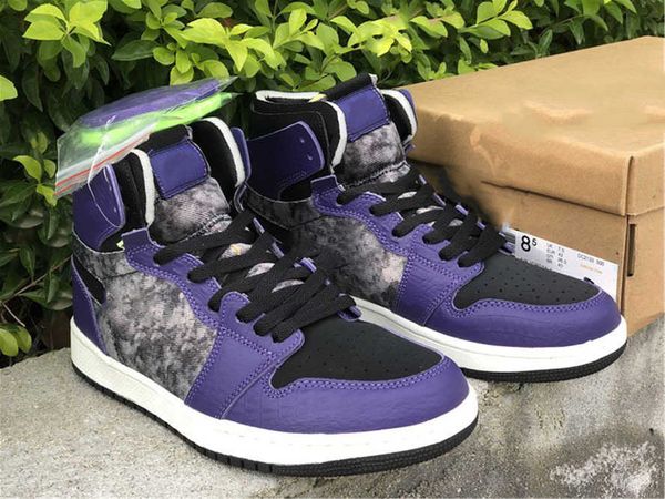 

jumpman 1s 1 high og wmns tie-dye mens womens basketball shoes purple black and gray color matching sports shoelace shoe box full sizeulr2