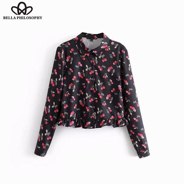 

women's blouses & shirts wonder long sleeve blouse vintage cherry print female ruffles casual retro lady turn down collar shirt 2021, White