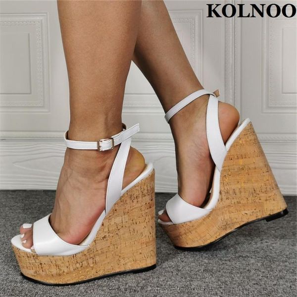 

sandals kolnoo daily wear handmade ladies wedges heels buckle ankle strap peep-toe summer evening fashin party white shoes, Black