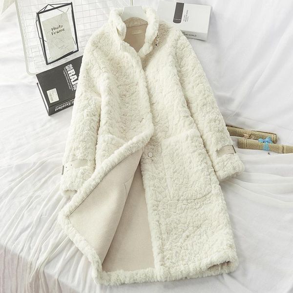 

women's fur & faux jacket women 2021 winter fashion loose long sleeve sheep curl cashmere thick warm solid female overcoat tide h8721, Black