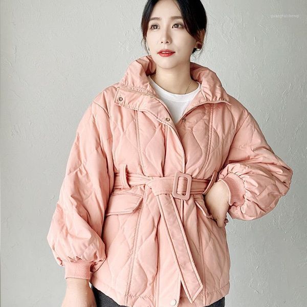 

women's down & parkas 2021winter style stand-up collar temperament commuter short pink belt trendy cotton jacket, Black