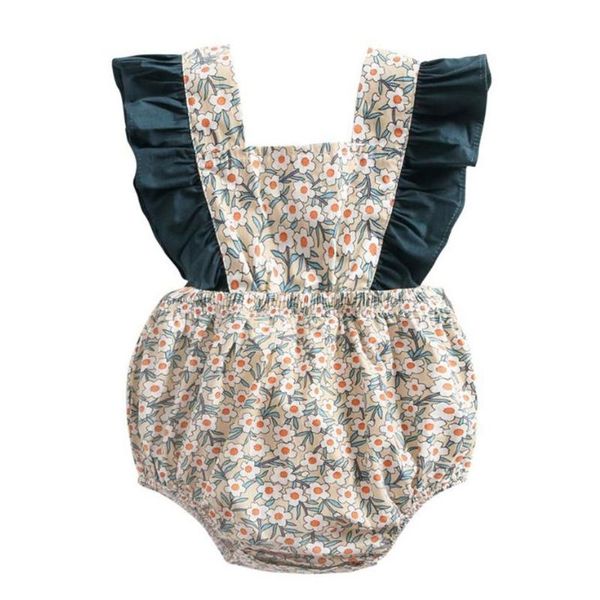 

rompers baby girl summer romper floral print ruffle backless sleeveless bodysuit cotton toddler infant outfit jumpsuit coverall, Blue