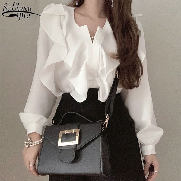 

spring white long sleeve shirt blouse elegant ruffles women clothing v-neck solid blusas mujer de moda verano 13342 210427