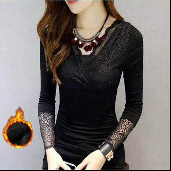 

spring and autumn tight slim womens blouses lace v neck long sleeve plus thin velvet bottoming women dd2223, White
