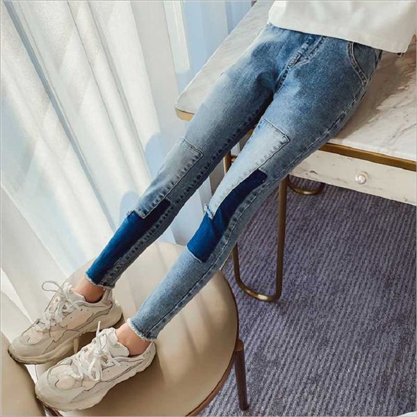 Jeans 2021 primavera Alto Stretch Skinny Children Girls Lápis Remendo Denim Tecido Calças Outono Casual Crianças para