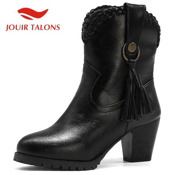 

boots jouir talons high fashion short plush autumn warm spike heels ankle fringe slip-on causal women shoes, Black