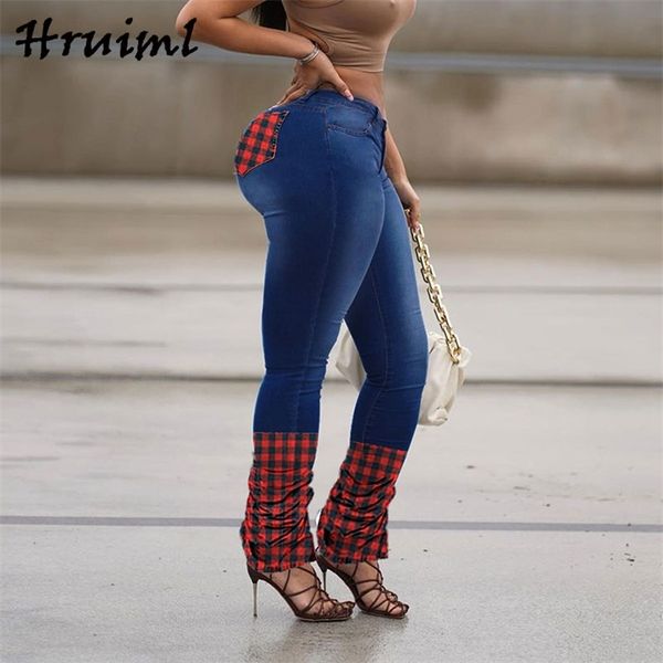 

fashion jeans plaid printing patchwork personalized stacked pants casual slim pocket button pantalones vaqueros mujer 210513, Blue