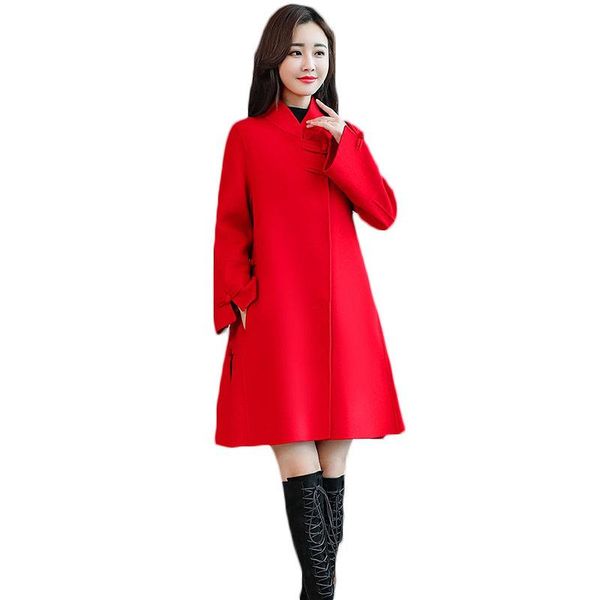 

women's wool & blends woolen coat female 2021 autumnd winter long section retro buckle chinese style cloak plus size lq365, Black