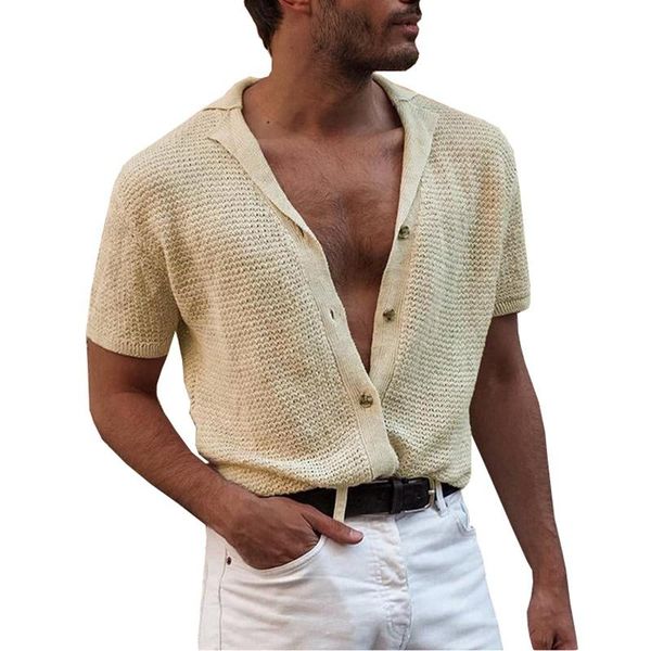 

men's casual shirts 2021 knitted for men summer beach cardigan poloshirt short sleeve v neck button chemise homme, White;black