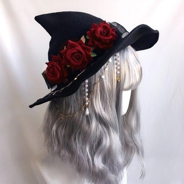

stingy brim hats dark girl witch parade lolita velvet hat wide rose women sharp pointed for halloween christmas costume party, Blue;gray